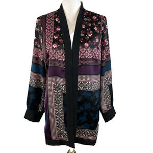 Chico's Duster Jacket size 4 6 0 Teal Purple Floral Bohemian Lagenlook Oversized